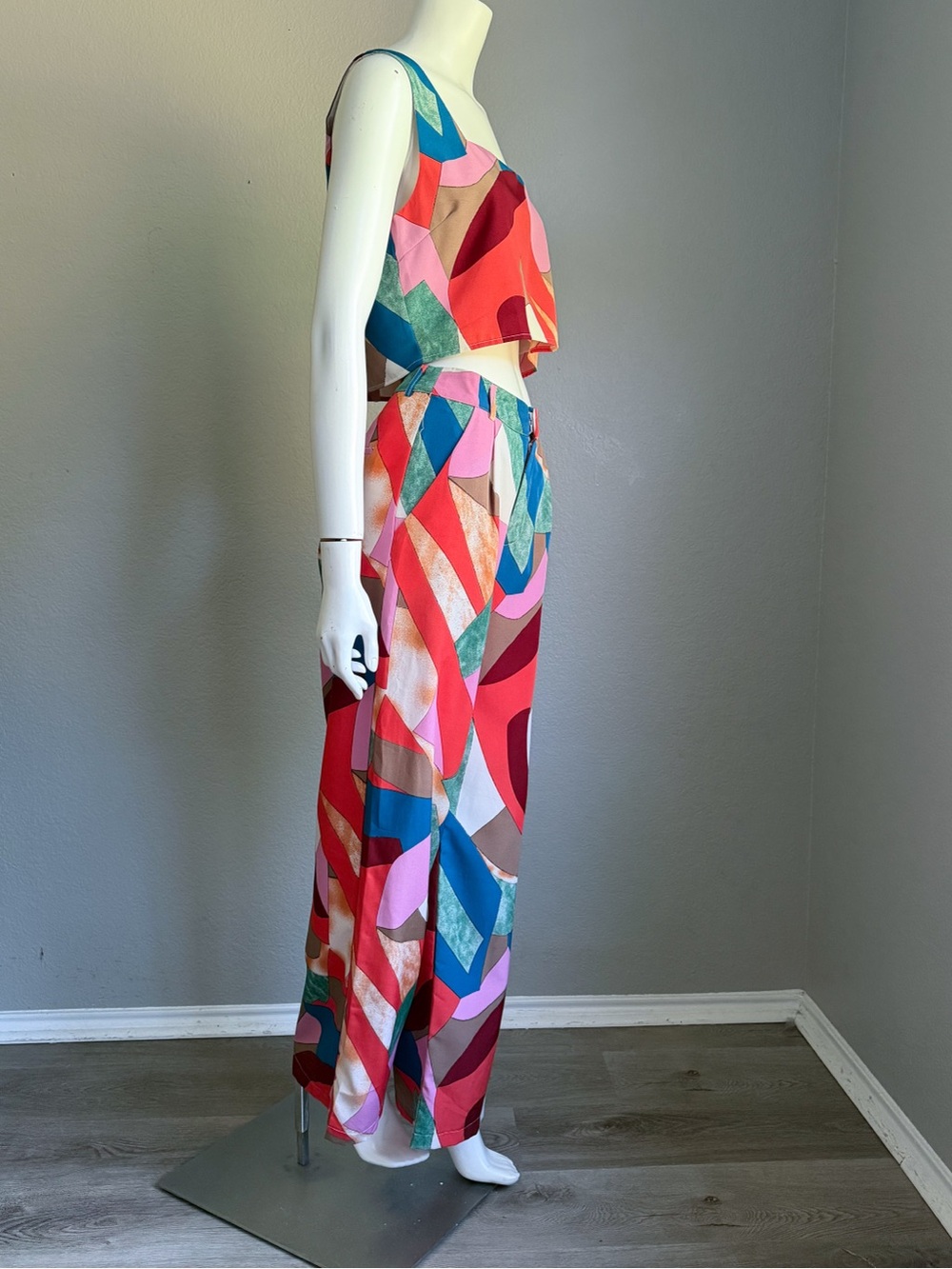 Entro 2 Piece Set Small Multicolor Abstract Crop Top Wide Leg Pants Retro 70s - Picture 3 of 15